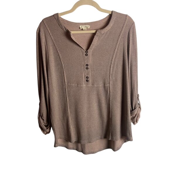 Jane and Delancey Size Large Tunic Thermal Waffle Knit Henley Top Blouse Pink - Picture 1 of 7